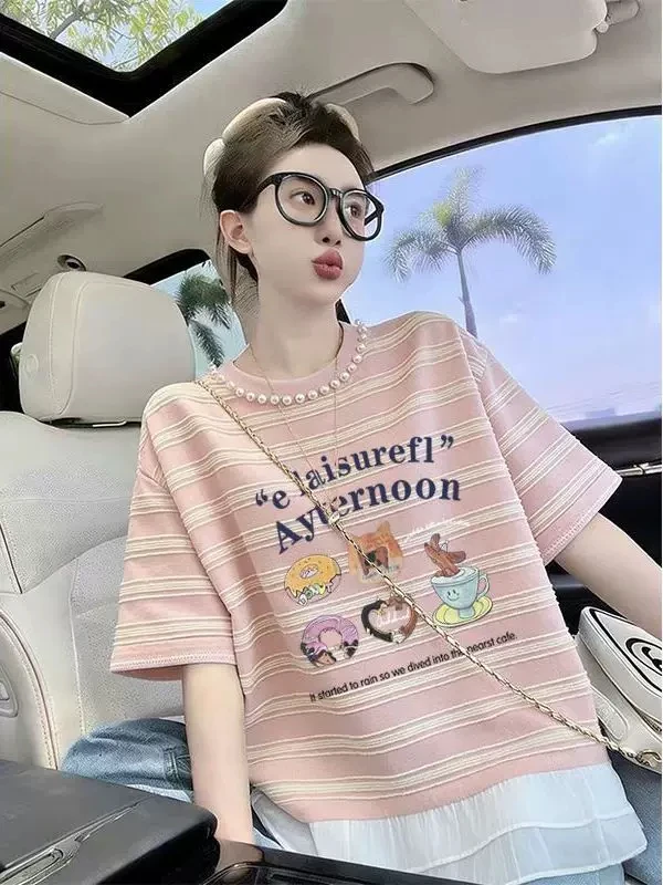 

plus Size 300 Pounds Ruffle Splice Stripe Short Sleeve Women's Summer Design Sense Mid-Length Beaded Fake Two-Piece Top