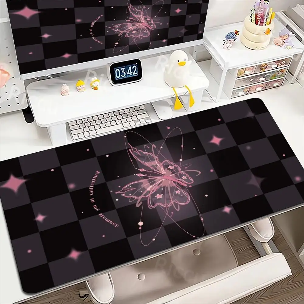 Large Mouse Pad Black Pink Checkered Butterfly Star Print Stitched Edge Anti‑Slip Rubber Desk Mat for Gaming Home Office Decor