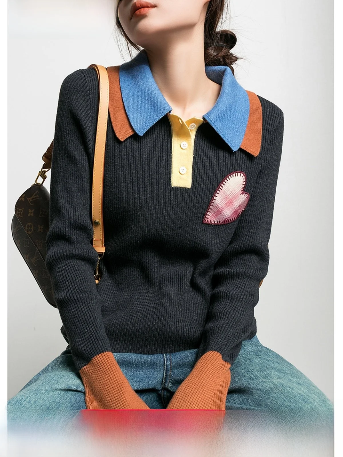 

Tide PA Grey Heart Sleeve Knitted Sweater Women's Fashion Street Style Slim Fit Long Sleeve Turn-down Collar Spring Autumn Top