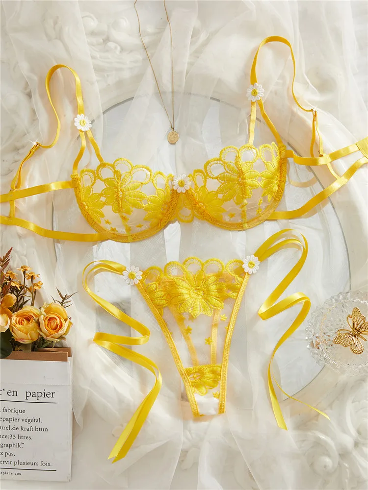 

Сексуальное женское белье, новый кружевной бюстгальтер с вышивкой и цветами, короткий комплект, сказочное нижнее белье с бесшовными бретелями, желтый получашка, прозрачный экзотический комплект