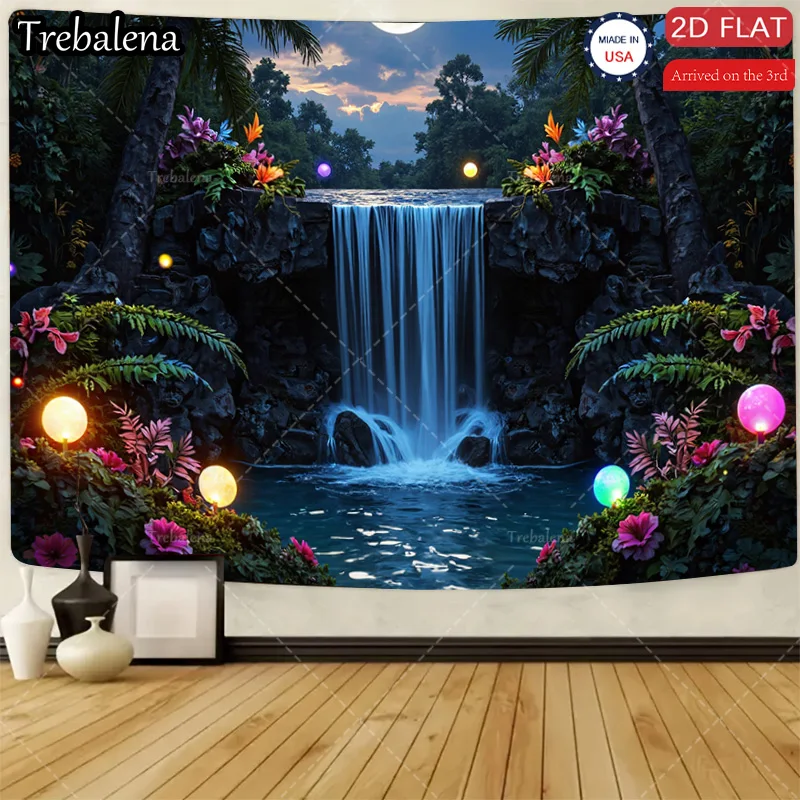

1pc Wall Tapestry Enchanted Waterfall Tapestry - Vibrant Floral & Moonlight Scene Decor