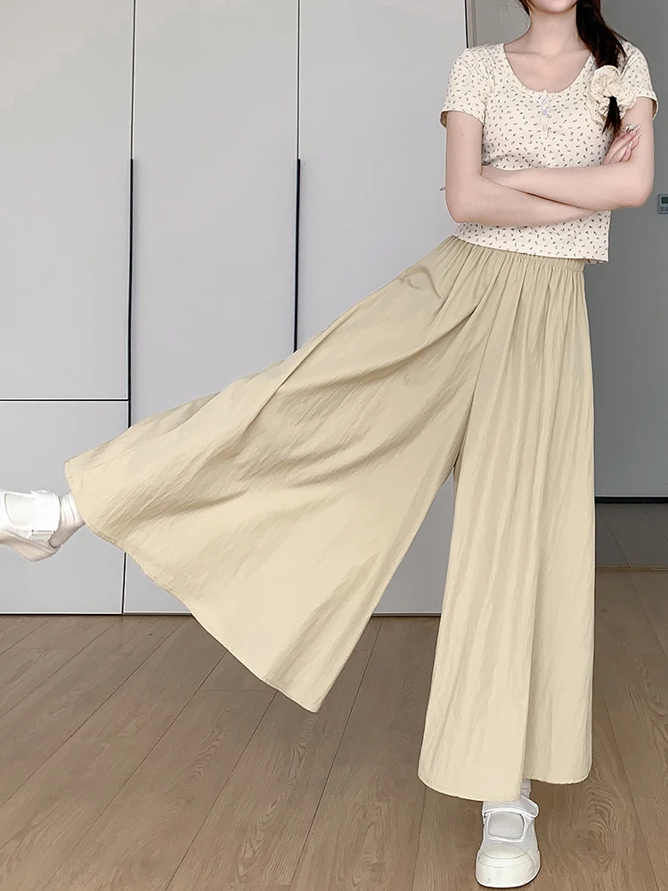 

Женские летние брюки-юбка из ледяного шелка А-силуэта 2024 года, новые, с высокой талией, утягивающие, повседневные, свободные, широкие брюки для офиса и отдыха