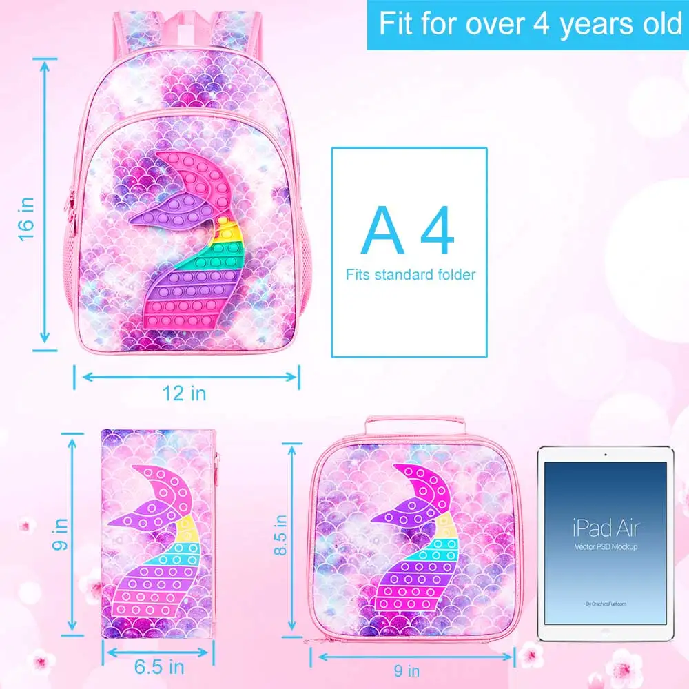 Girls Backpack, 16 Kids Preschool Bookbag and Lunch Box Set