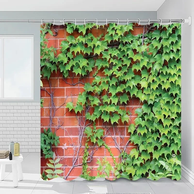 VIKAMA Nature Botanical Bath Curtain Green Vine Climbing On Brick Wall Pattern Waterproof Shower Curtain for Bathroom Decor