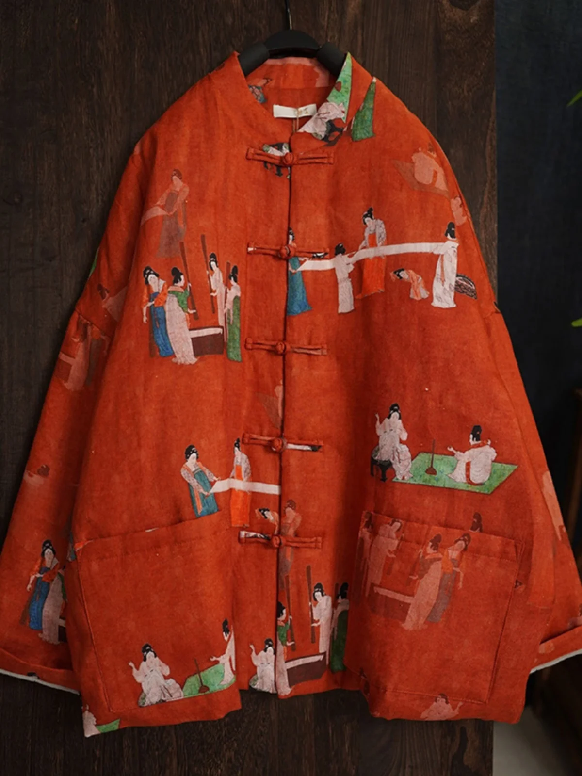 

Retro Chinese Style Floral Print Linen Cotton Jacket Women's Winter Thickened Warm Coat Button up Long Sleeve Stand Collar