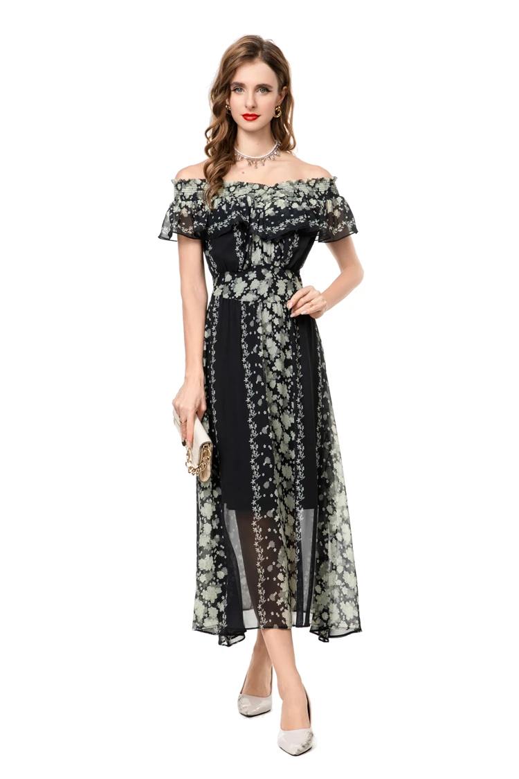 فساتين نسائية مائل العنق وأكمام قصيرة مطبوعة الأزهار شارع العليا مصمم منتصف فيستدوس #2