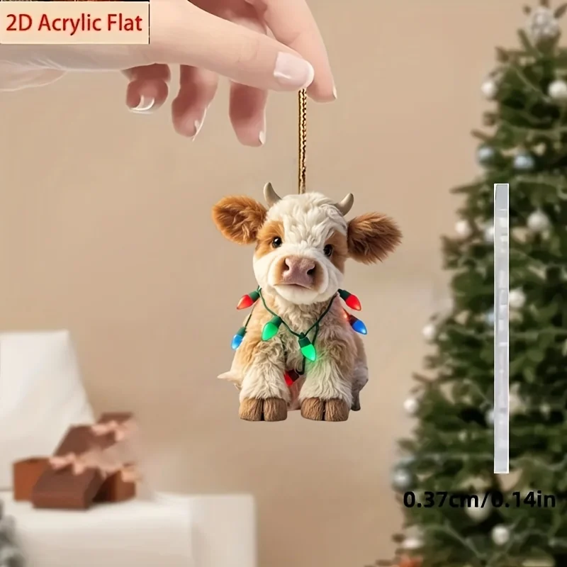 2D Flat 5Pc Scottish Highland Cow Hanging Ornament Cute Scottish Cow Decor with Fluffy Ears & Expressive Eyes Durable Acrylic