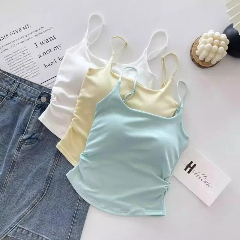 Colete feminino slim fit sem costas acolchoado alça espaguete camisola plissada espartilho regata curta