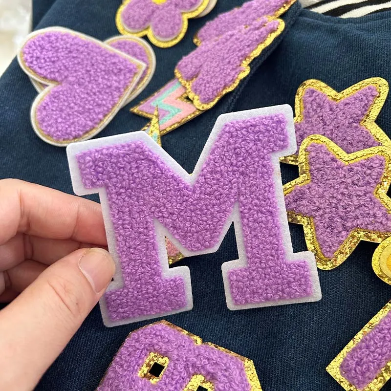 Purple Letter 8cm/6cm Ironing Patch Chenille Letter for DIY Varsity Jacket Custom Jumper Women Clothing Patch Name Badges