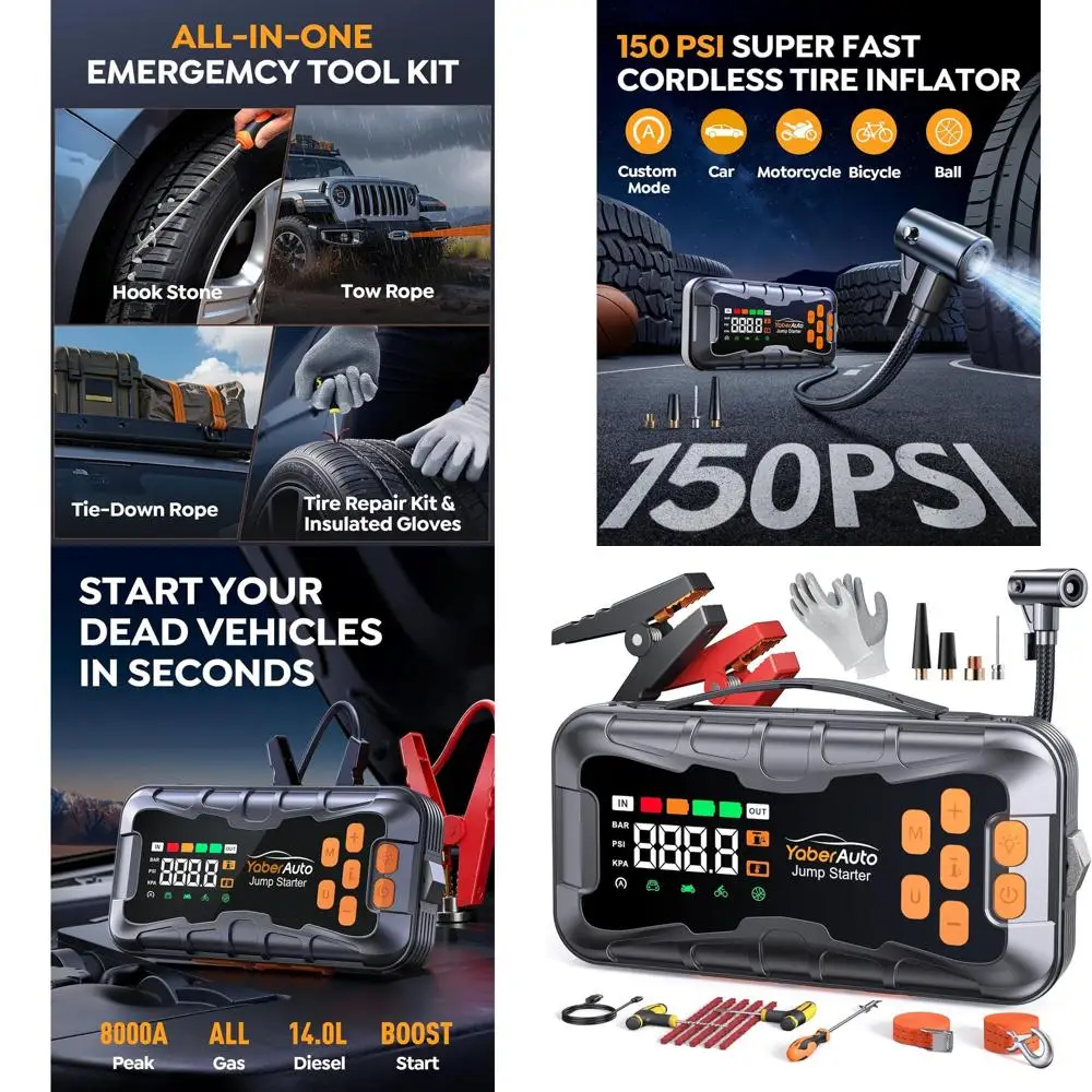 

16-in-1 Jump Starter with Air Compressor 8000A 150PSI Car Battery Jump Starter (All Gas/14L Diesel) 12V Jump Box Car Battery Jum