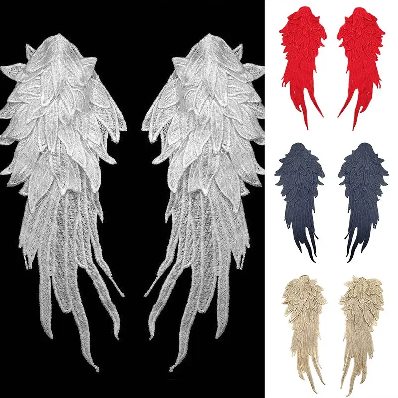 2PCS Angel Feather Wings Fabric Embroidery Gown Appliques Collar Sew on Patches for Wedding Decoration Dress Lace Accessories