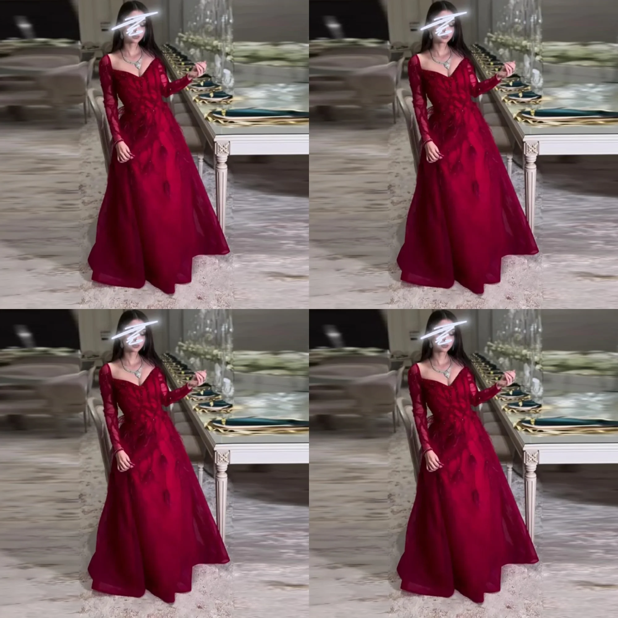 

V-neck Tulle Long Illusion Sleeve Sheath Sequins Lace Saudi Dress Backless Evening Party Gown with Feathers Long Customized