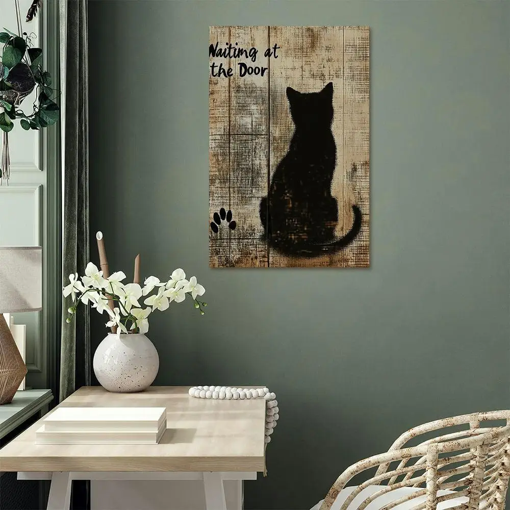 1PC Framed Wooden Canvas Painting - Cat Waiting At The Door Poster Print Wall Decorations Suitable for Home Office Decoration