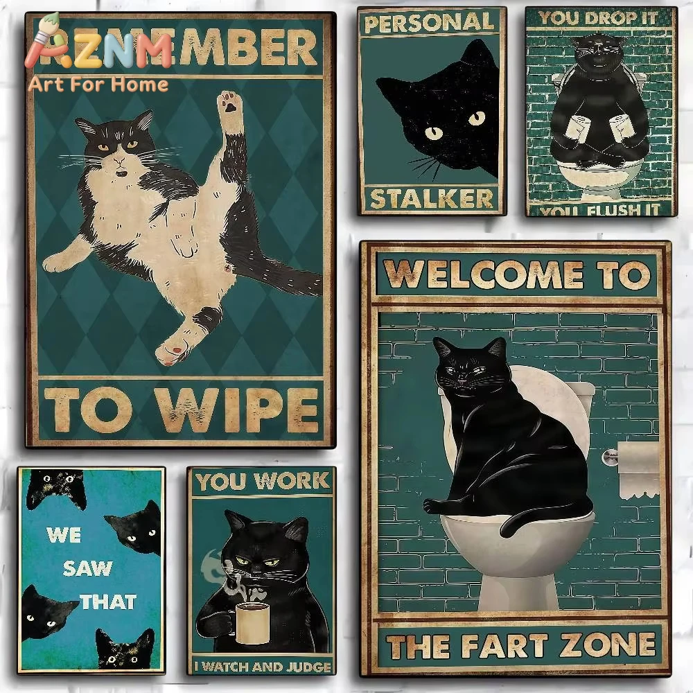 

1pc Funny Vintage Cartoon Cats For Bathroom Vintage Posters Sticky Retro Kraft Paper Room Bar Cafe Room Decor