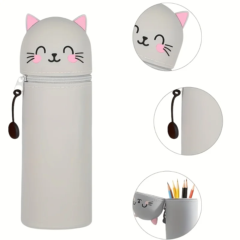 2-in-1拡張シリコンペンケース＆デスクオーガナイザー、学校オフィス家庭用キュートな猫デザイン、柔らかく耐久性のある文房具収納