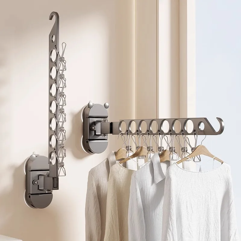 

8 Holes Aluminum Suction Cup Clothes Drying Rack Balcony Bathroom Wall-mounted Invisible Folding Drying Rack Multi-clip Hangers