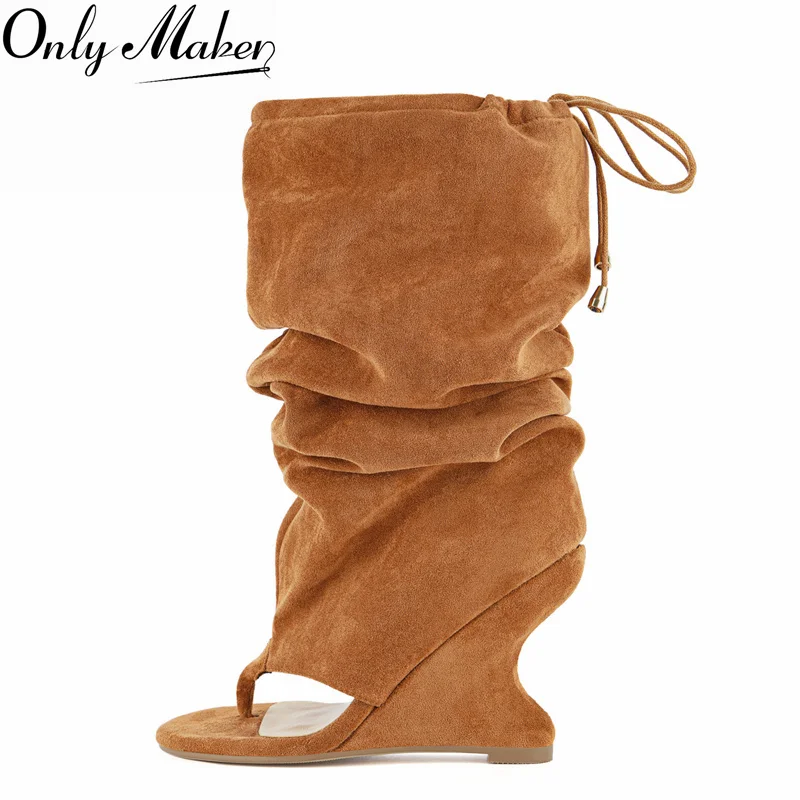 Onlymaker Women Brown Faux Suede Slouchy Knee High Sandal Boots Thong Flip Flop Drawstring Top Side Zipper Wedge Heel Shoes