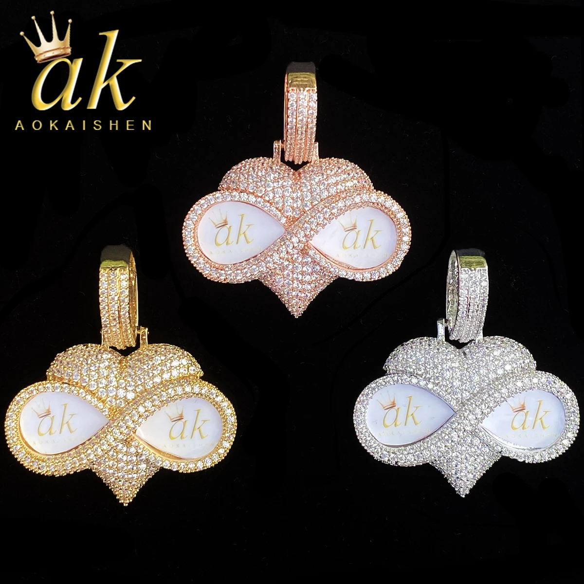 Aokaishen Iced Out Eye Glass Heart Custom Photo  Necklace Pendant for Men Real Gold Plated Cubic Zirconia Hip Hop Jewelry