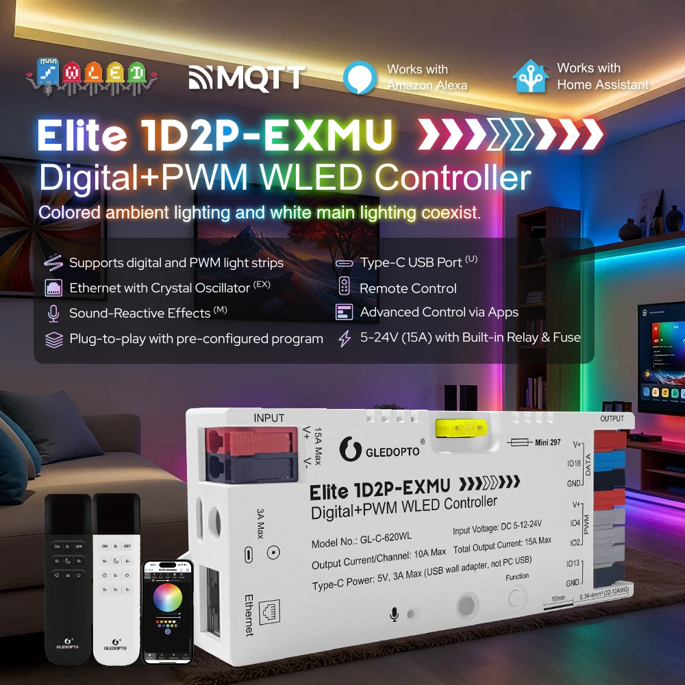 GLEDOPTO WLED Controller Dual Addressable+PWM CCT 15A ESP32 Music WiFi Ethernet for WS2812B SK6812 RGB/Tunable White Strip