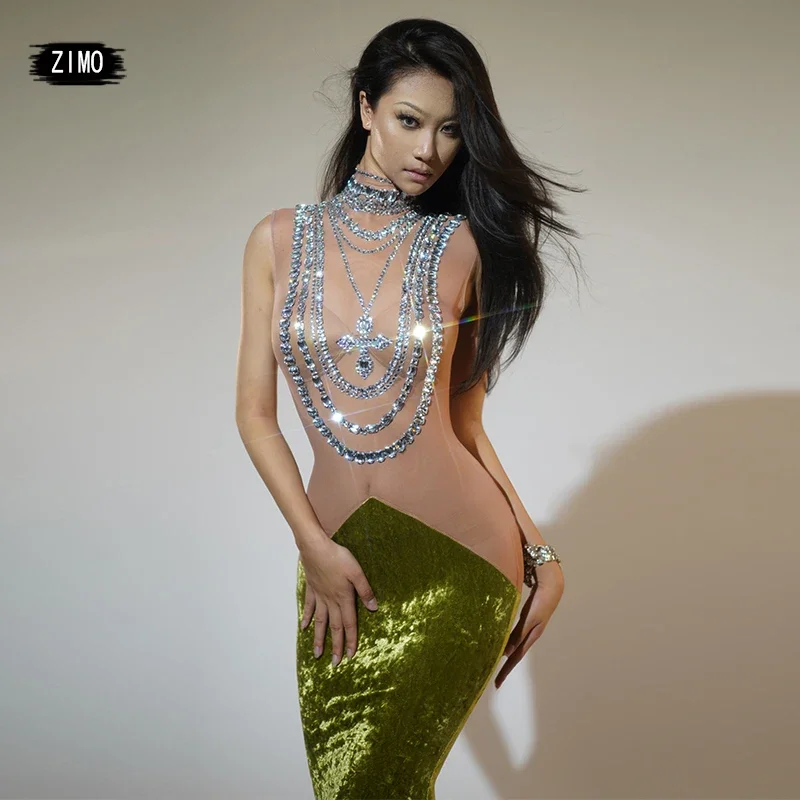 เซ็กซี่GlitterสีเขียวเงินRhinestonesตาข่ายโปร่งใสชุดยาววันเกิดชุดราตรีเวทีแสดงลากQueenเครื่องแต่งกาย