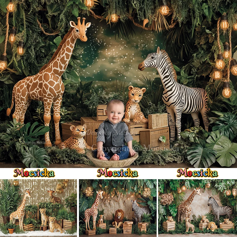 Mocsicka Safari Baby Show Latar Belakang Fotografi Jerapah Singa Hutan Tropis Latar Belakang Hijau Studio Foto Pesta Ulang Tahun Pertama Anak
