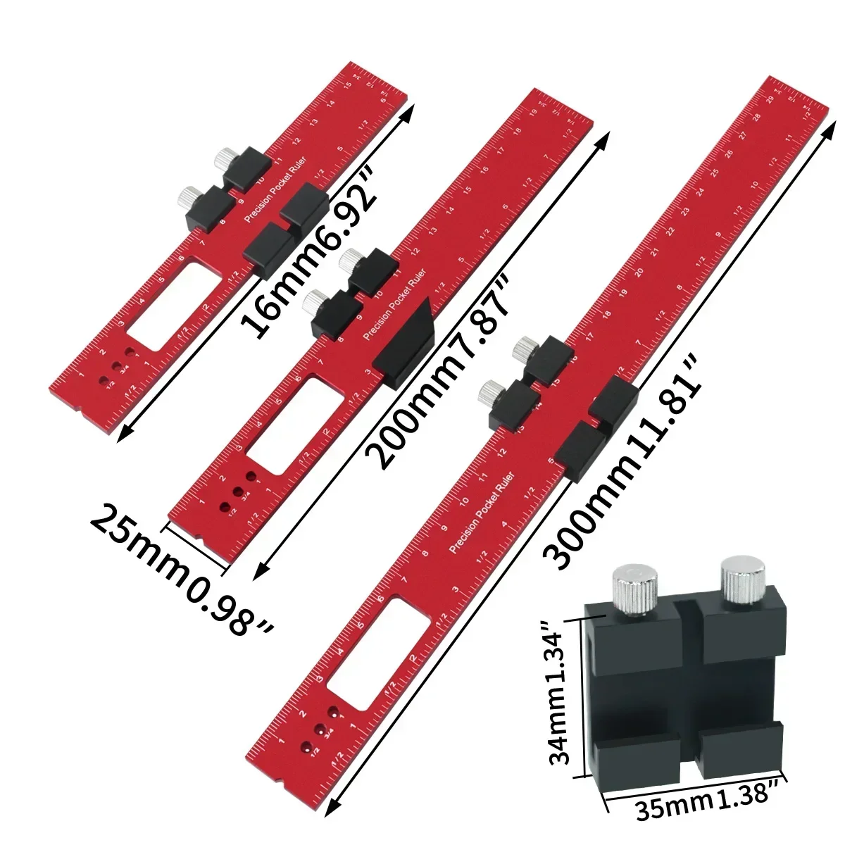 1/3Pcs Precision Pocket Ruler Metal Slide Ruler Inch and Metric,Aluminum Woodworking Ruler with Slide Stop T-Type Scribing Ruler