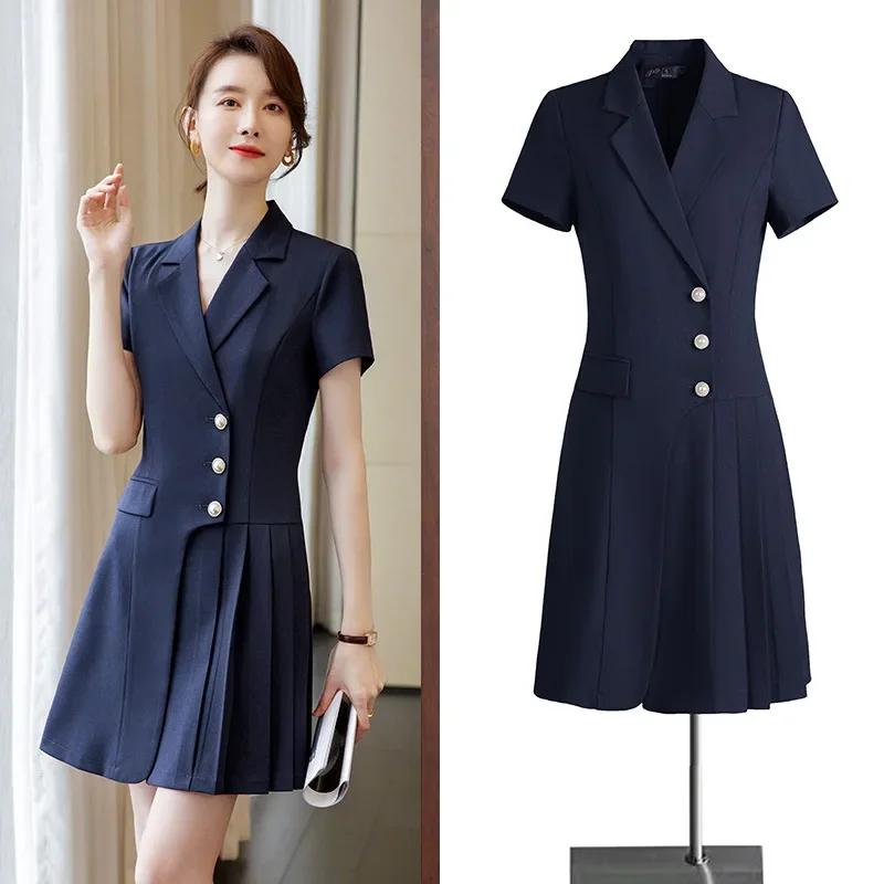 2024 New Women's Short Sleeve Suit Collar Dress Elegant Professional Workwear Slimming Fit Waist-Length Dress 5101