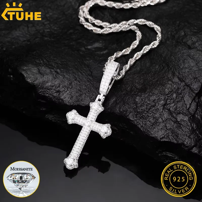 TUHE Unisex S925 Cross Pendant Necklace Iced Out Moissanite Gold Silver Color Cross Charm For Men Women Hip Hop Fine Jewelry