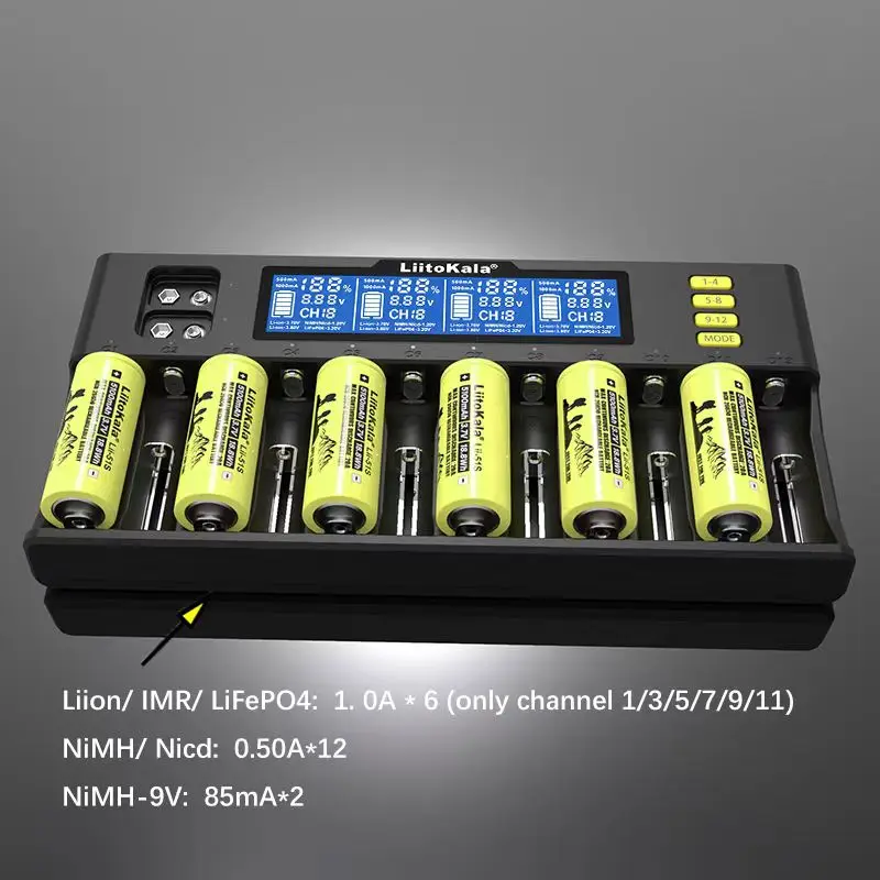 LiitoKala Lii-S12 Smart 12 Slots LCD Display Battery Charger for 3.7V Li-ion 1.2V NiMH 3.2V LiFePO4 3.8V IMR or 9V Batteries