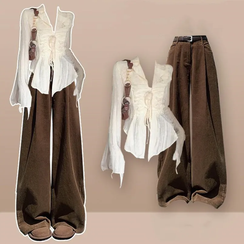 

Весенне-осенний полный комплект одежды Майяра. Высококачественная повседневная модная рубашка. Широкие брюки. Комплект из трех предметов.