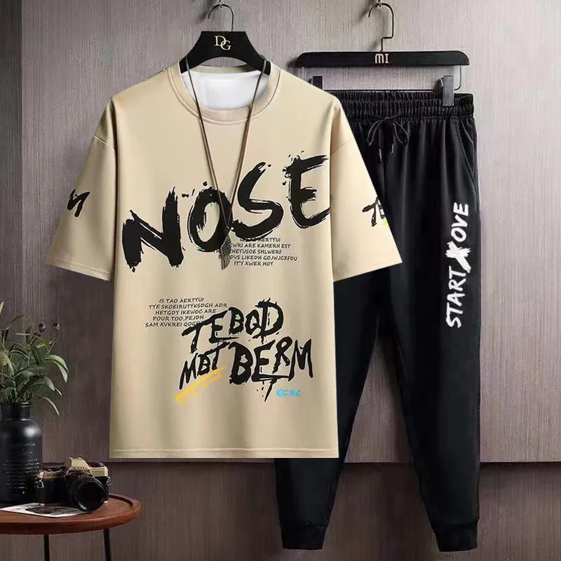 

Men's Autumn trousers Sets 2025 Fashion Casual Breathable Polyester Short Sleeve Printed Sports T-shirt Basketball two-piece set