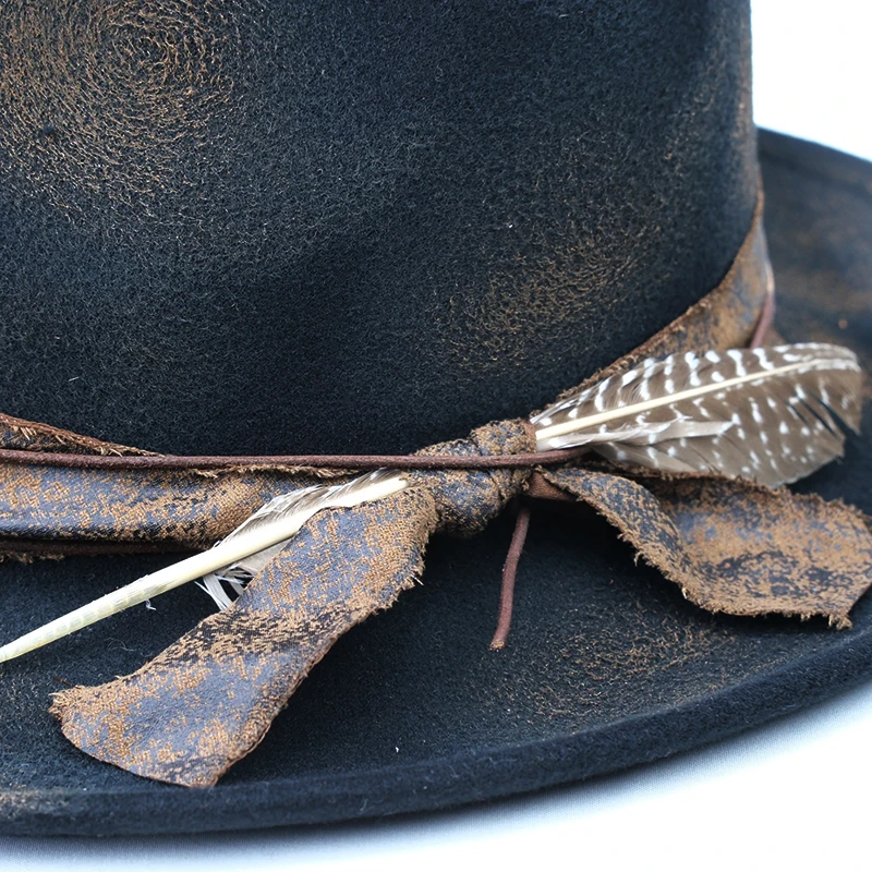 Original Painted Fire Retro Feather Decor Spring  Autumn Winter Warm Women Men Felt Wide Brim Jazz Cap Bowler Hat 55-60cm Adjust