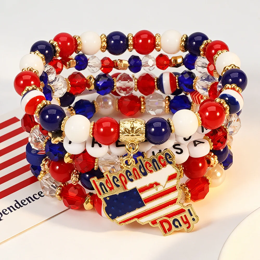 5Pcs Flag Independence Day Beaded Bracelet Set Red White Blue Stretch Bracelet With Map Charm Women Men Holiday Jewelry Gift