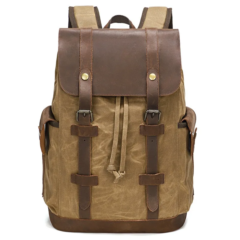

Retro waxed canvas backpack - Large capacity, durable, travel bag, water-resistant, outdoor, double-shoulder bag