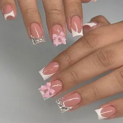 24Pcs Pink Press-On French Nails Set Square Full cover Fake Nail with 3D Bow&Glitter Rhinestones White Nail Tips for Women&Girls