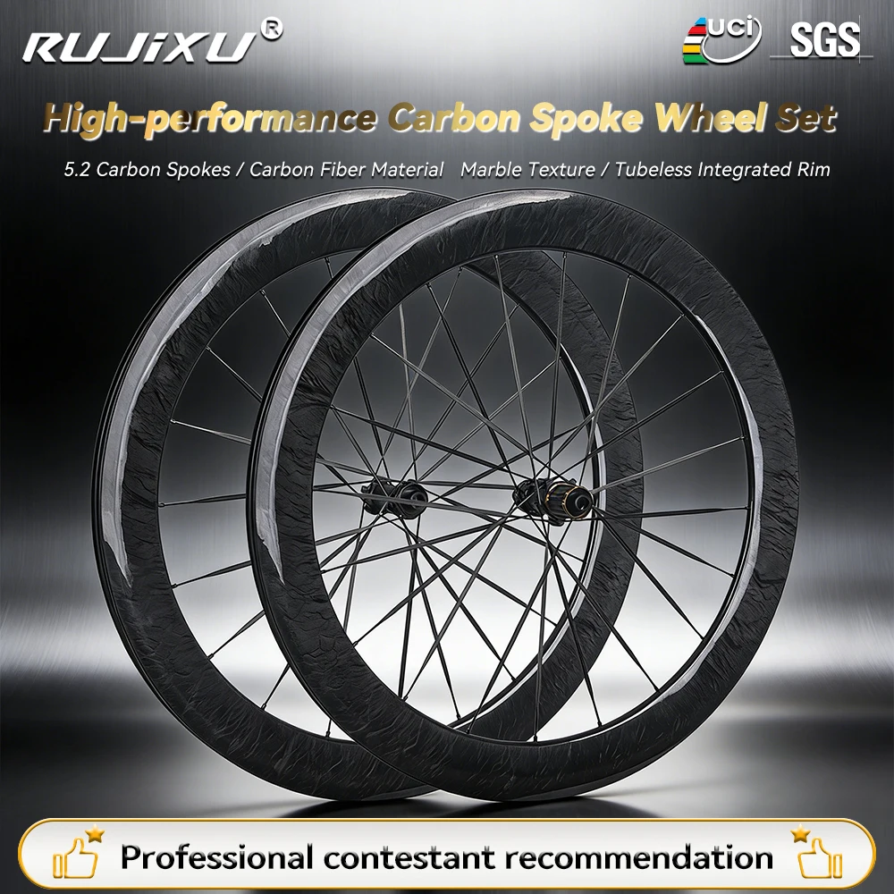 

Карбоновый колесный комплект RUJIXU, одобренный UCI, карбоновые обода 700C, бескамерные колеса с дисковыми тормозами для шоссейного велосипеда, карбоновые спицы, поверхность под мрамор