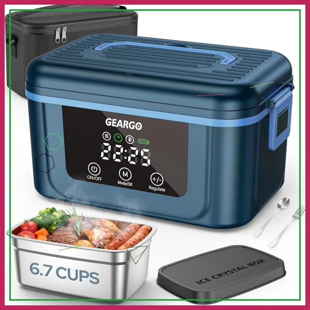 

1.6L 24000mAh Rechargeable Heated Lunch Box with Ice Crystal Box, 24-Hour Timer, Self-Heating Lunchbox for Work, Travel, Blue