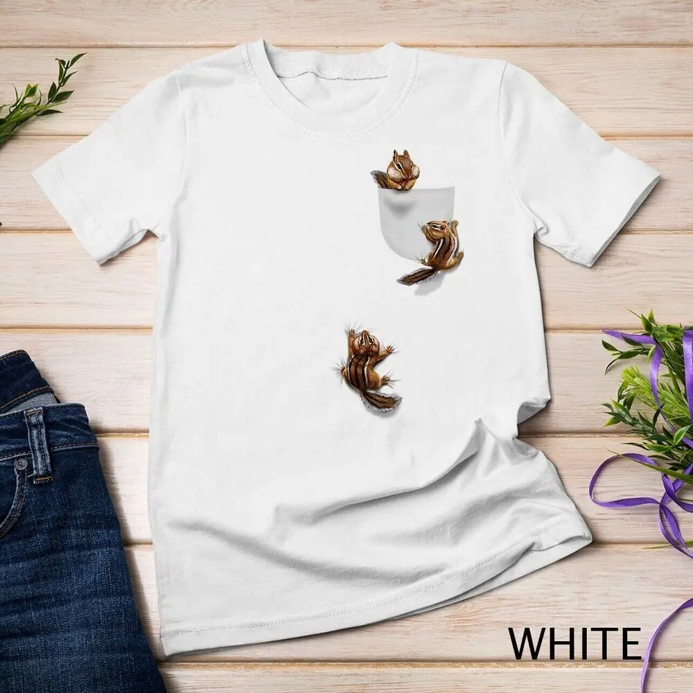 Cute Squirrel Playing, Climbing in Pocket, Unisex T-shirt  High Quality 100%Cotton Short Sleeve