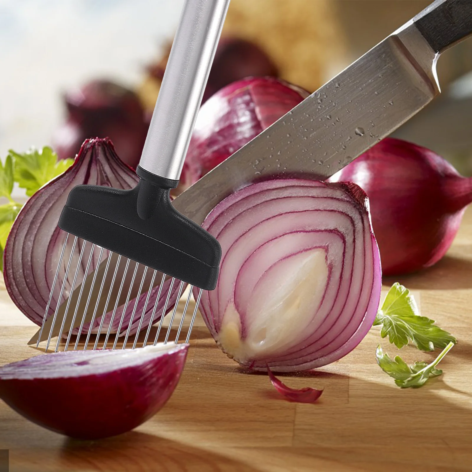 

1Pcs Stainless Steel Onion Needle Holder Black Multifunctional Kitchen Tool Meat Tenderizer Vegetable Slicer Food Prep Kitchen