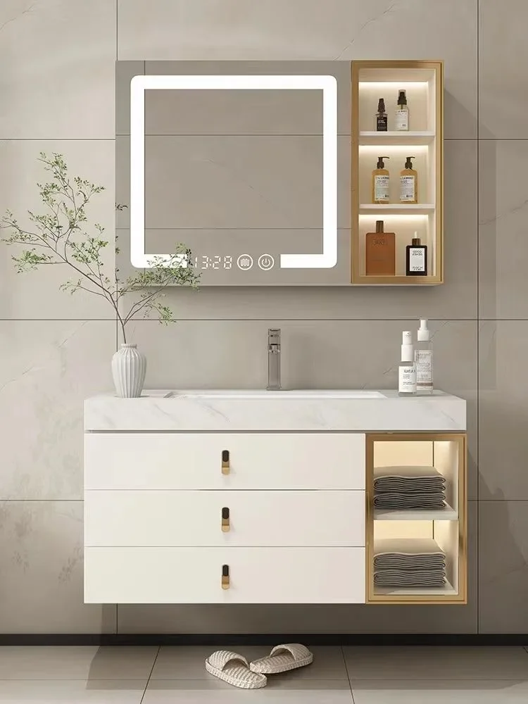 Bathroom Vanity Cabinet with Sink Light Luxury Solid Wood Bathroom Cabinets Rock Slab Integrated Washbasin Bathroom Furniture