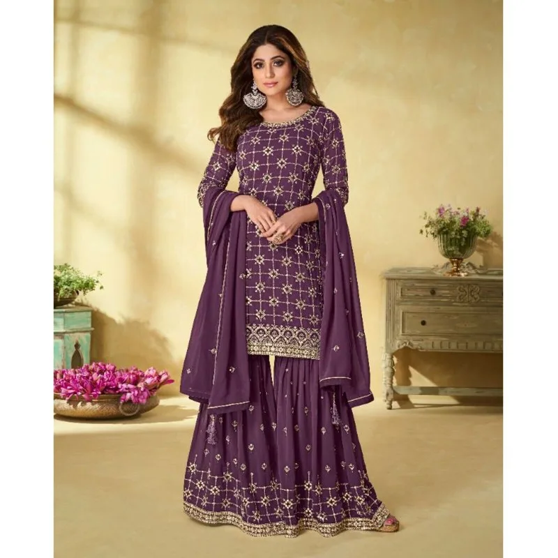 Light Purple Color Fabulous Salwar Kameez Suits Embroidery Worked Sharara Dress