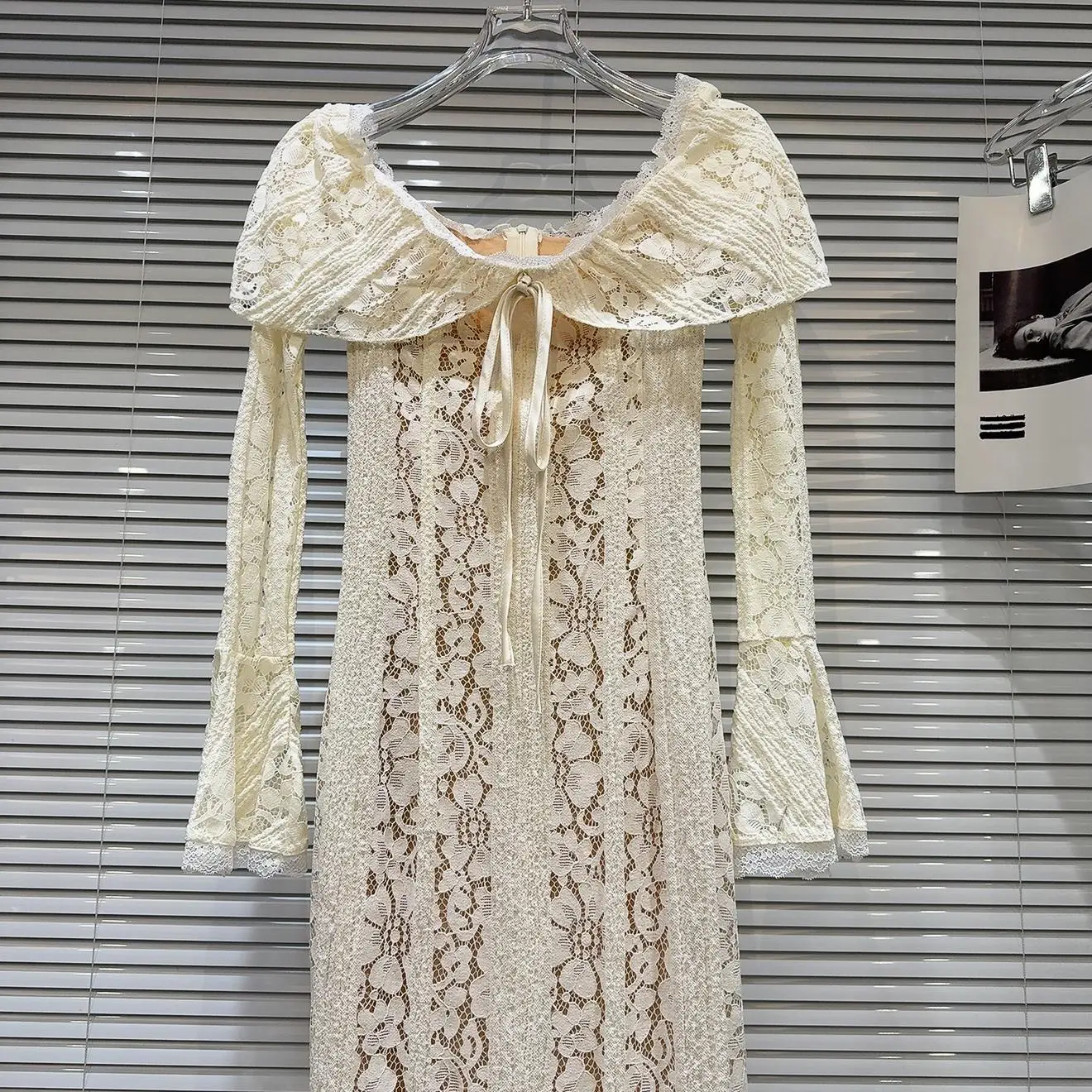 PREPOMP 2024 Winter New Arrival Drawstring Lace Hook Flower Ruffles Collar Beige Long Maxi Dress Women GS747