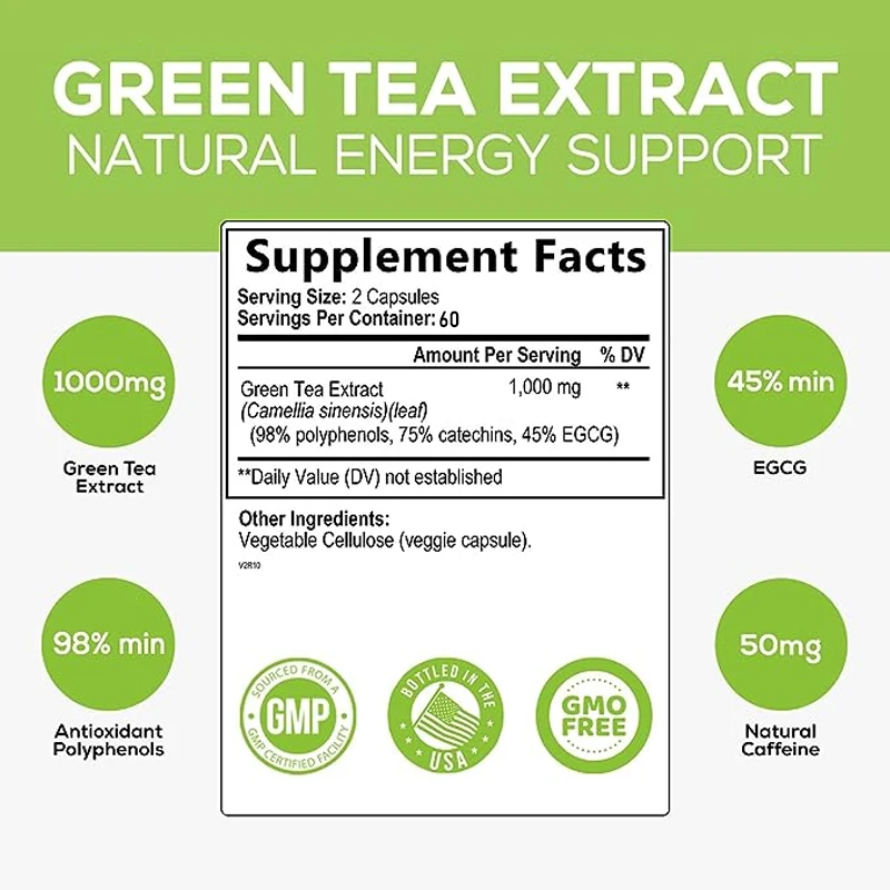 Green Tea Extract Capsules 1000 Mg 98% Standardized EGCG - 3x Natural Energy - Mild Caffeine