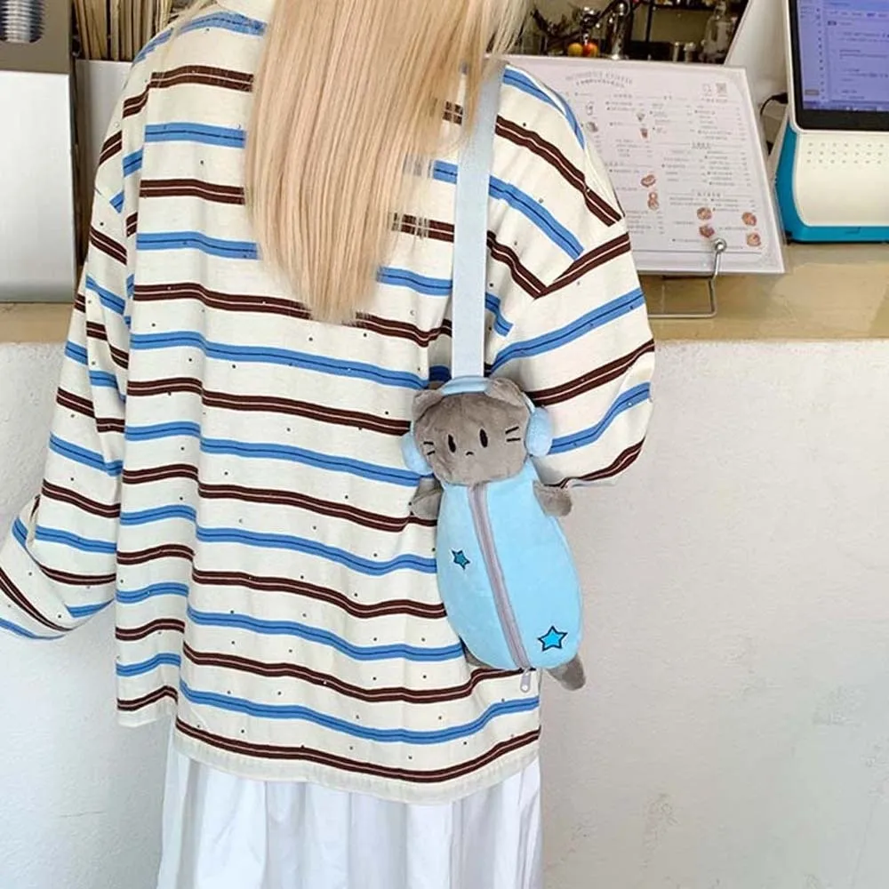

Chest Bag Sweet Headset Cat Crossbody Bag Purse Blue Cartoon Shoulder Bag Cute Large Capacity Plush Stationery Pouch Daily