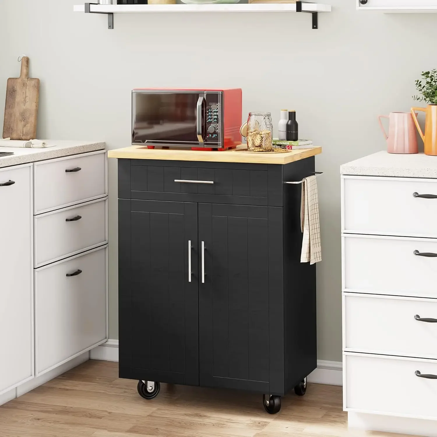 Shintenchi Kitchen Island Cart with Storage,Rolling Kitchen Island Side Table on Wheels with Worktop,Single Door Storage Cabinet