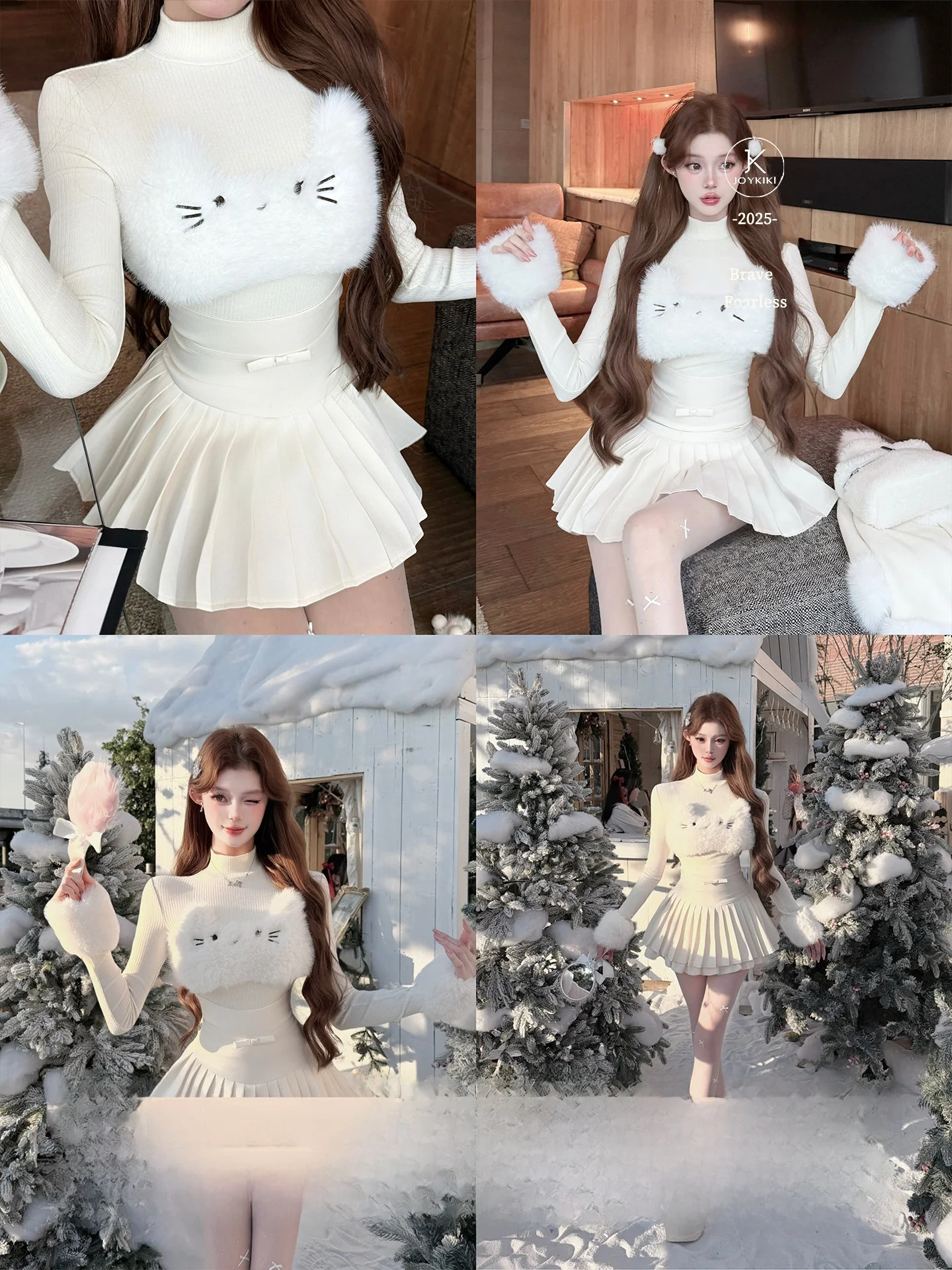 

Joykiki High Waist Knitted Long Sve Furry Patchwork Elastic f High Collar Vest And Skirt Set Winter Warm Casual Women's...