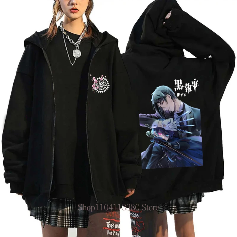 أنيمي الأسود بتلر سستة مقنعين خريف شتاء المرأة موضة عادية كم طويل بلايز الصوف Harajuku زمم البلوز بلوزات #4