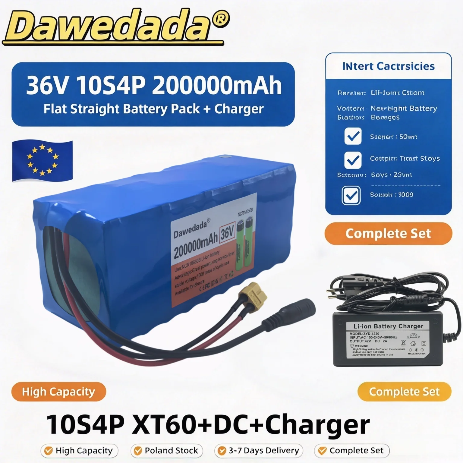 Batteria ricaricabile 18650, 36V, 10S4P, 200000mAh, con circuito di sicurezza multiplo, connettore XT60 + adattatore caricabatterie 42V per veicoli elettrici da città, spedita da magazzino UE