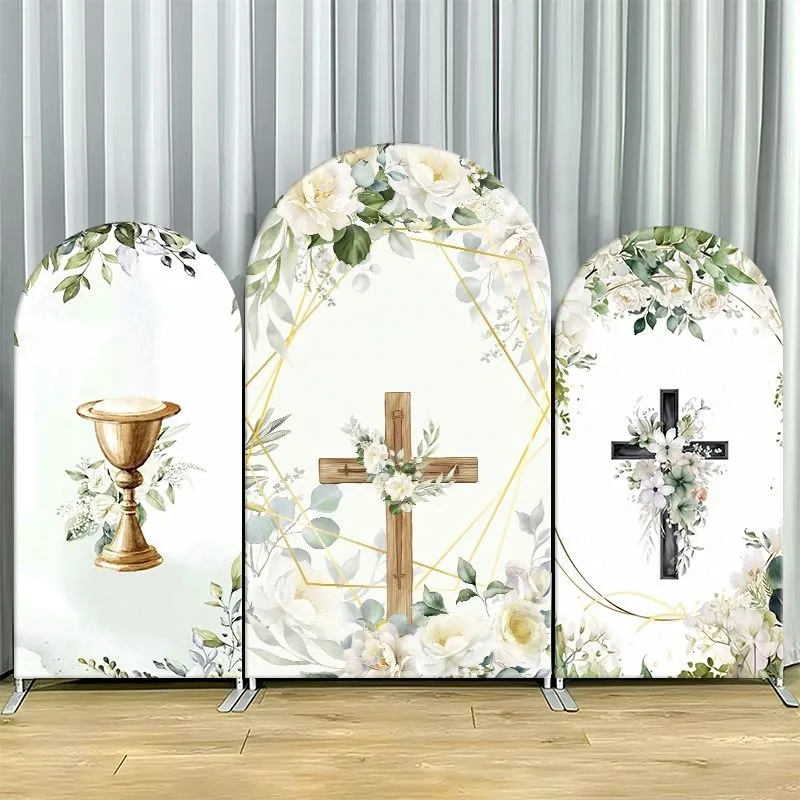 

Single Side Arch Backdrop Cover Elegant Floral Cross Theme Party Backdrop Set Featuring Gold Chalice Wooden Cross and Black