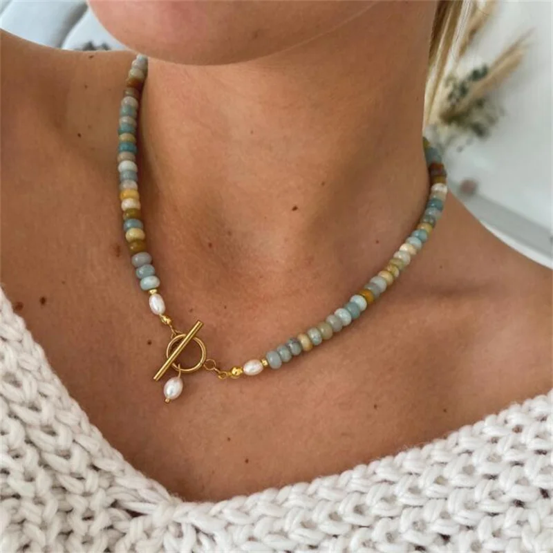 

New Freshwater Pearl Pendant Necklace Natural Stone Stainless Steel Beads OT Buckle Waterproof Jewelry